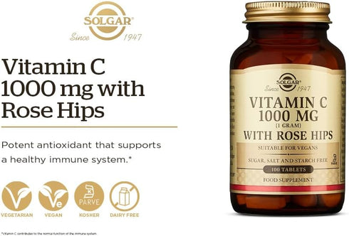 Solgar Vitamin C 1000 mg with Rose Hips, 250 Tablets - Antioxidant & Immune Support, Non-GMO, Vegan