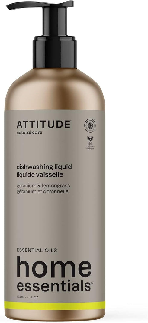 ATTITUDE Dish Soap, EWG Verified, Vegan and Cruelty-free, Plant and Mineral-Based, Geranium and Lemongrass, 16 Fl Oz
