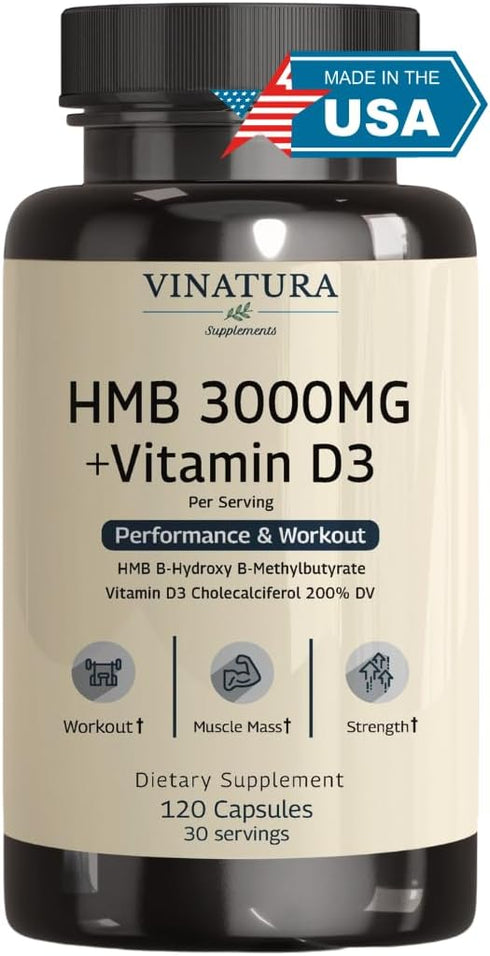 HMB 3000mg and Vitamin D3 Supplement - Promotes Muscle Growth & Recovery, 120 Capsules, 30 Servings