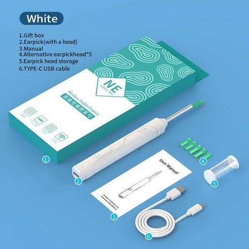 Earwax Removal Kit with Camera and Light, 6 Ear Spoons, Compatible with iOS & Android Devices, White