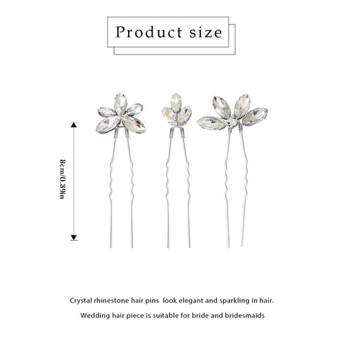 JAKAWIN Rhinestone Bride Wedding Hair Pins, Silver Crystal Hair Piece Bridal Accessories for Women (Pack of 3)