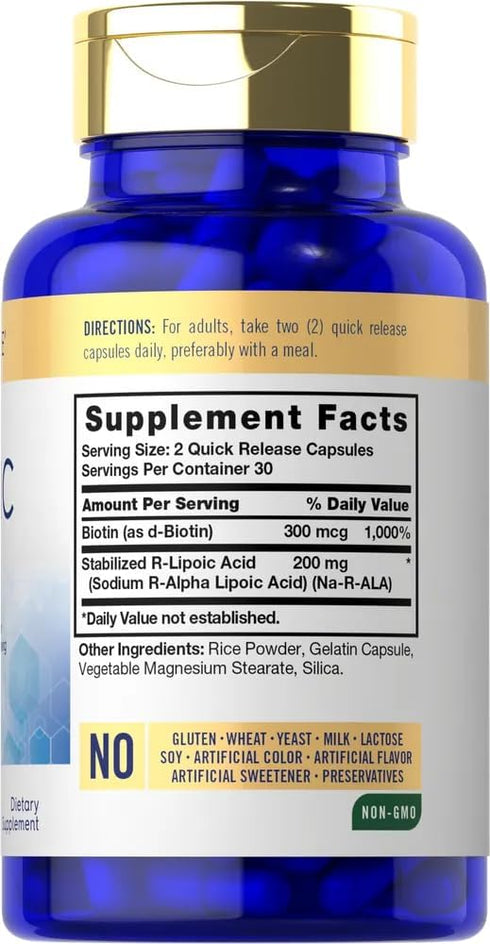 Carlyle R-Lipoic Acid 200mg | 60 Capsules | Stabilized R-Lipoic Acid with Biotin | Non-GMO, Gluten Free