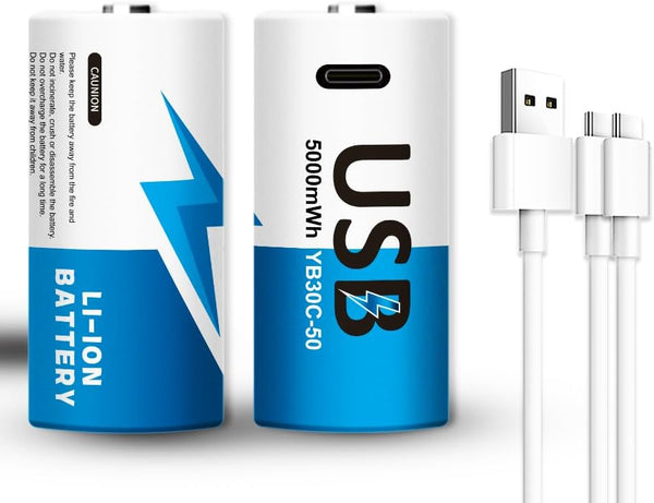 YUEBVIWIE Rechargeable Lithium C Batteries with 2 in 1 USB-C Charge Cable, C