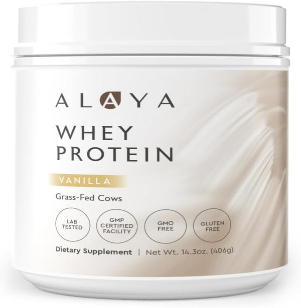 Alaya Naturals Grass Fed Whey Protein Powder - Vanilla Flavor, All Natural, Hormone Free - 20g Protein per Serving