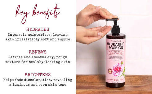 PHARM TO TABLE Hydrating Rose Oil Body Wash for Women and Men - Hydrates and Brightens Skin, Sulfate Free, 480ml