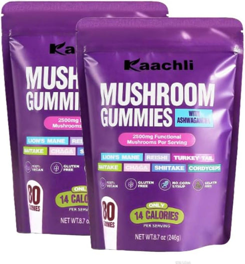 KAACHLI 1000mg Ashwagandha & Mushroom Gummies, with 8-Mushroom Blend (Reishi, Lion's Mane, Cordyceps).