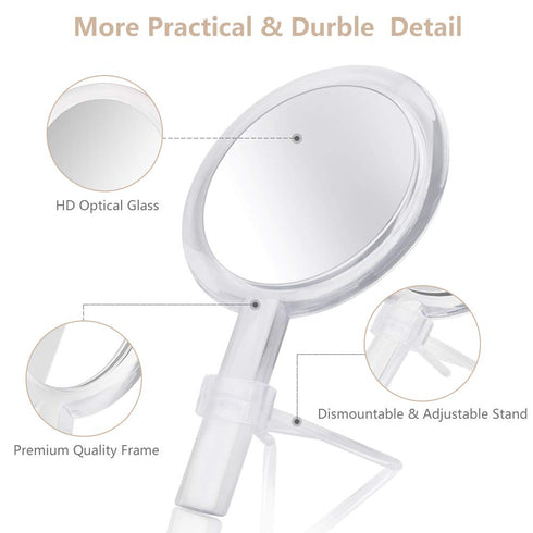 Double Sided Hand Held Makeup Mirror - 1x & 7X Magnification with Adjustable Stand, Clear
