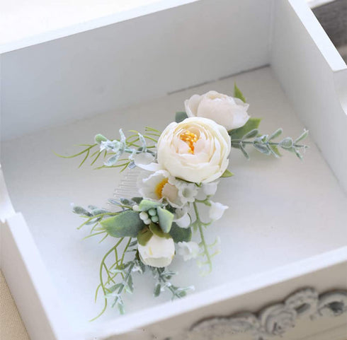 Wedding Bridal Comb Camellia Hair Comb with Ranunculus Green Leaf Floral Clip Headpiece 2002