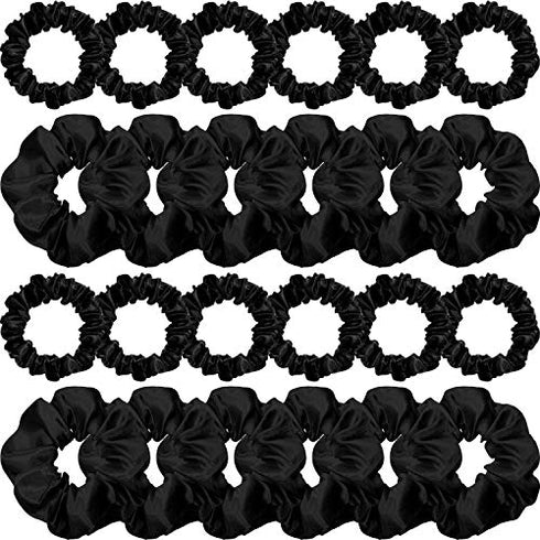 WILLBOND 24 Pieces Satin Hair Scrunchies, Silky Elastic Bands, Skinny Solid Hair Ties for Women, 2 Sizes (Black)