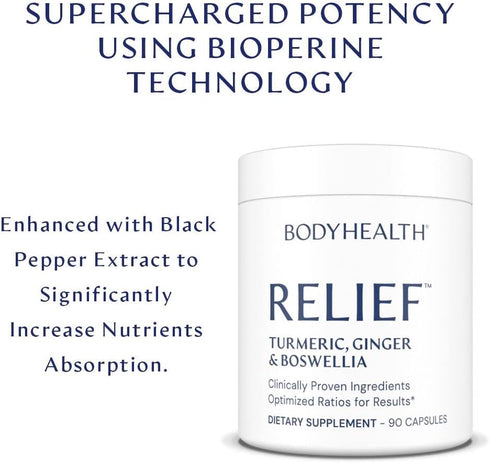 BodyHealth Inflam Relief Joint Supplement for Back, Knees, Hands, with Turmeric, Boswellia, Ginger, Non-GMO, Gluten