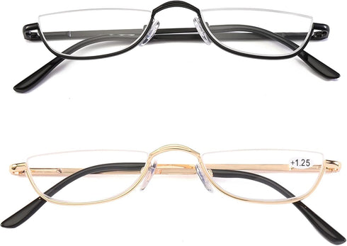 KoKoBin Half Reading Glasses - 2 Pairs Half Rim Metal Frame Readers for Men and Women, Black+Gold 1.50