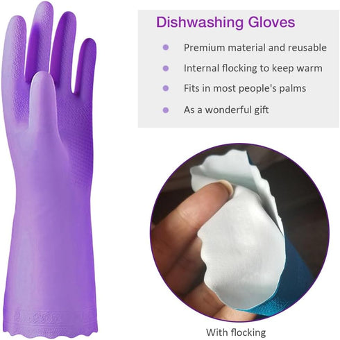 Alimat PluS Reusable Cleaning Gloves, 4PCS, Latex Free, Waterproof, Large, Blue+Purple, Dishwashing