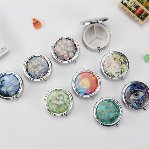 WATASAA 3-Compartment Pill Organizer with Mirror Retro Small Bronze Pill Case for Purse, Floral Design Travel Pill Box