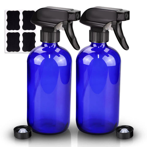 Wedama 2 Pack Blue Glass Spray Bottles, 16oz for Cleaning Solutions and Essential Oils, Refillable with Adjustable