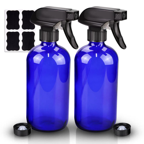 Wedama 2 Pack Blue Glass Spray Bottles, 16oz for Cleaning Solutions and Essential Oils, Refillable with Adjustable