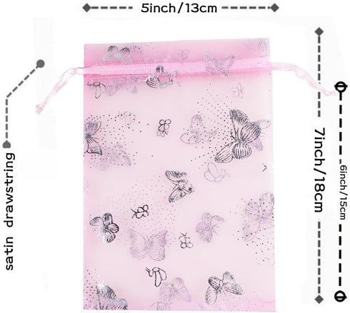 QIANHAILIZZ 5 x 7 Inch 100 Pink Butterfly Organza Jewelry Gift Pouch Candy Pouches Drawstring Wedding Favor Bags