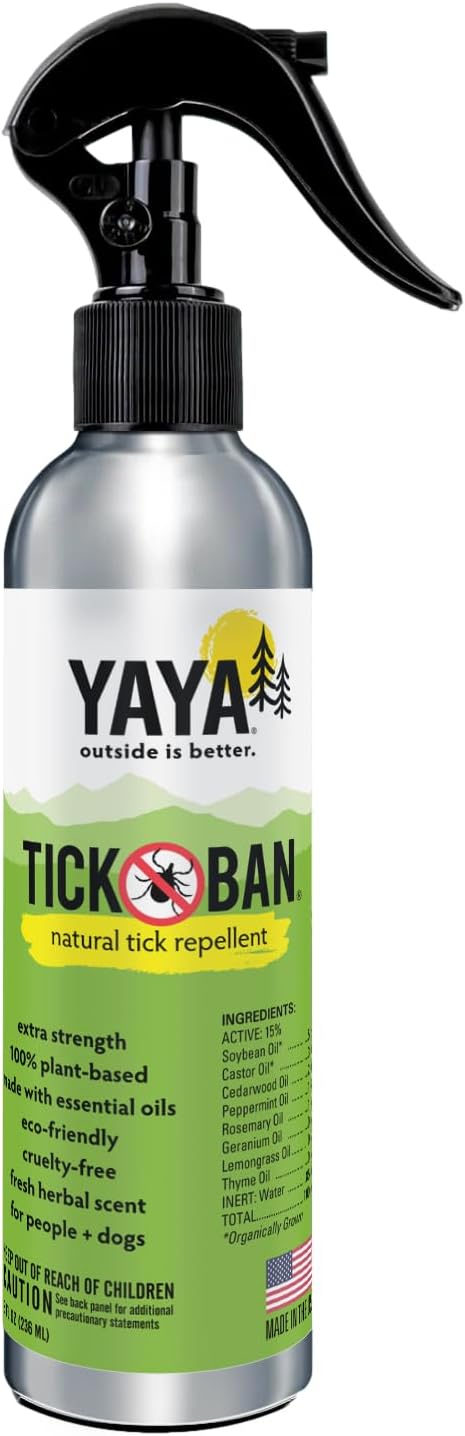 TICK BAN Yaya Organics All Natural Extra Strength Tick Repellent, Deet Free, 8 Ounce Spray Bottle