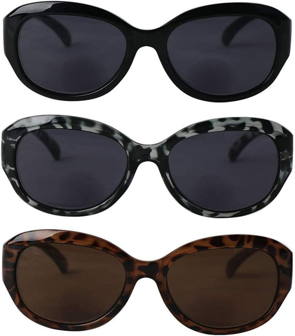 Bifocal Reading Sunglasses for Women, 3 Pairs Vintage Jackie Oval Ladies Oversize Cateye Readers