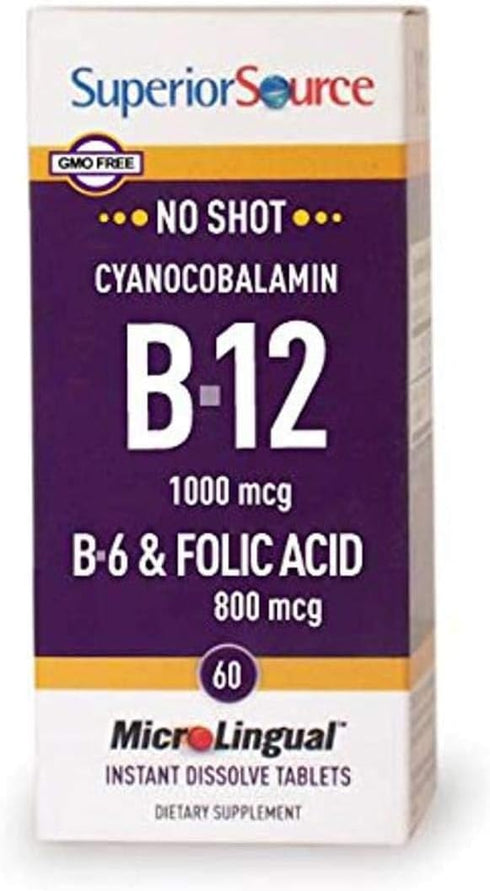 Superior Source No Shot Vitamin B12 (1000 mcg), B6, Folic Acid, Quick Dissolve Tablets, 60 Count