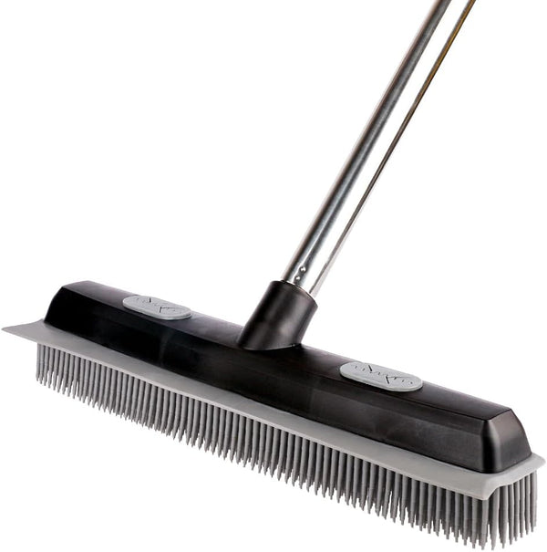 Pet Hair Rubber Broom with Carpet Rake and Squeegee, 2 in 1 Floor Brush, 58 Inch Adjustable Handle, Black