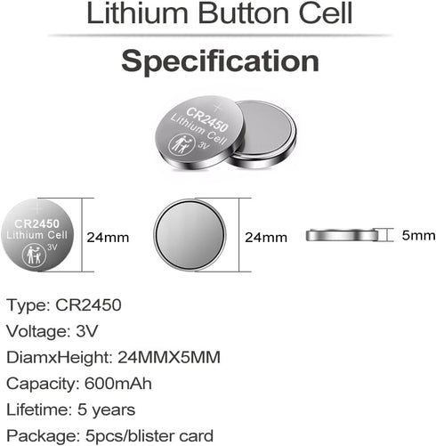 PGSONIC CR2450 3V Lithium Battery, 5pcs for Electronics