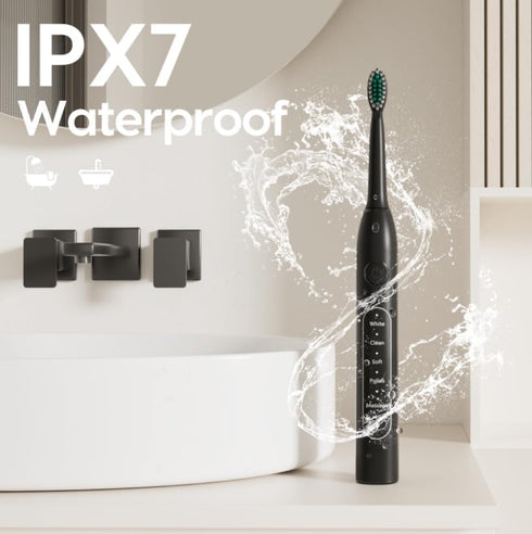 SunnyNest 8 5 IPX7 Set Electric Toothbrush for Adults with Replacement Brush Heads, Travel Bag, Cleaning Modes