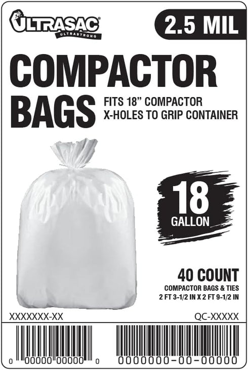 Ultrasac 18 Gallon Compactor Bags (40 Pack with Ties) For 18 Inch Compactors - 28.25" x 33.5" Heavy Duty 2.5 MIL Garbage Disposal Bags Compatible with Whirlpool by Ultrasac