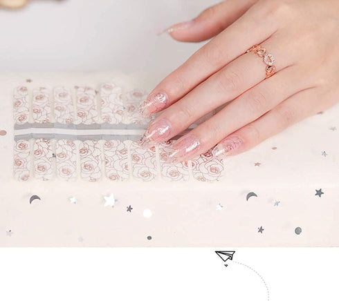 SILPECWEE 5 Sheets Rose Gold Full Nail Wraps, Stick on Nail Polish Strips with Glitter Flower Design for Women
