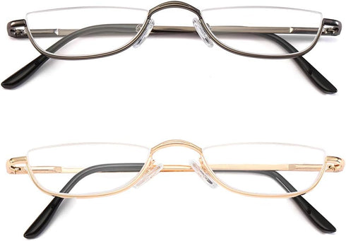 Half Frame Reading Glasses for Women Men, 2 Pairs, 1.75 Half Metal Moon Readers