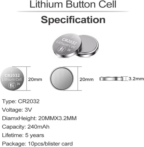 PGSONIC CR2032 3V (10pcs), Lithium Battery Compatible with AirTag, Key Fobs, Smart Sensors, Scales, Candles and More
