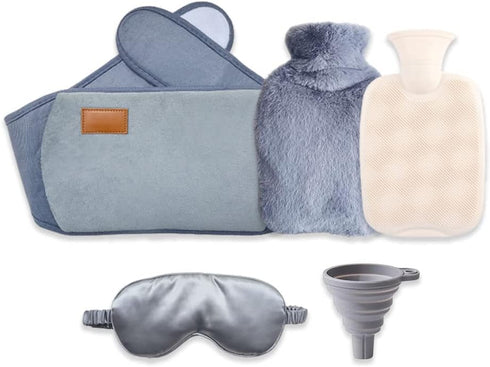 3 in 1 Hot Water Bottle Pouch with Waist Cover, Eye Mask + Funnel for Pain Relief - Warm Water Bag