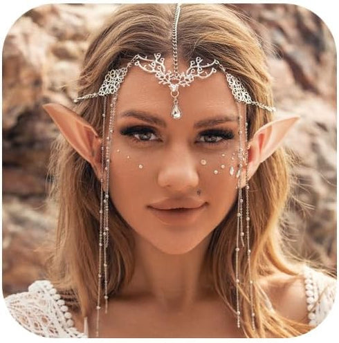 Jovono Boho Head Chain with Fairy Elf Ears, Silver Hair Chain Accessories for Women
