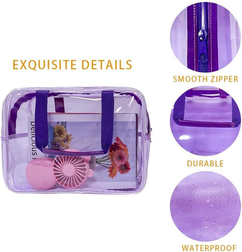Travel Clear Waterproof PVC Bag - Toiletry Carry Pouch with Zipper Handle Straps, Violet