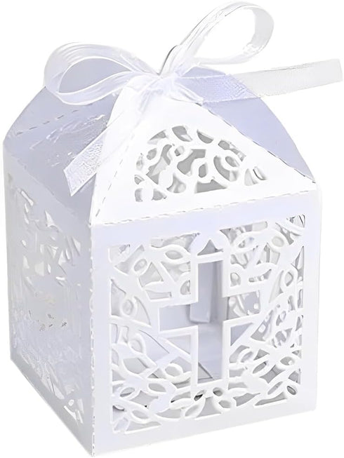 50PCS Baptism Favor Boxes, 2.2''x2.2'' Laser Cut with 50 Ribbons for Baby Shower & First Communion Party