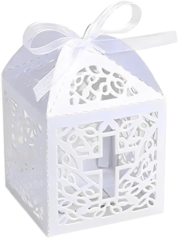 50PCS Baptism Favor Boxes, 2.2''x2.2'' Laser Cut with 50 Ribbons for Baby Shower & First Communion Party