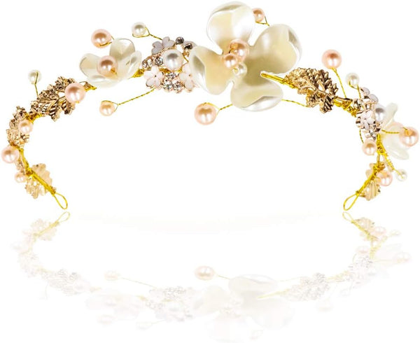 NODG Gold Tiaras for Women, Pearl Bride Crowns Wedding Headpiece, Gold Flower Bridal Hair Piece
