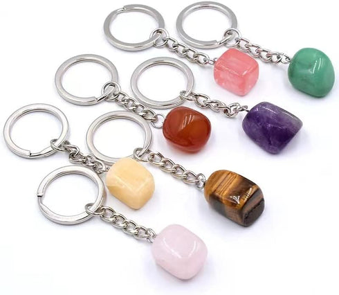 20 PCS Natural Healing Crystals Tumbled Stone Beads Keyring, Mixed Irregular Shaped Chakra Stones Keychains