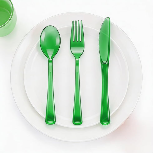Pocoxll 150 Pack Set, Set, 50 50 50 Green Plastic Silverware Disposable Cutlery, Heavy Duty Flatware Disposable Plastic