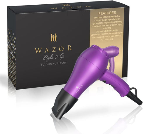 Wazor Compact 1000W Blow Dryer for Kids, Mini Travel Hair Dryer for RV, Ionic Lightweight with Concentrator, Purple