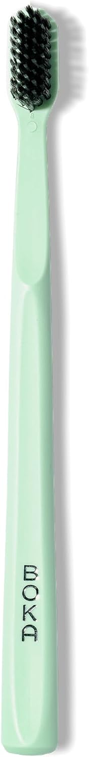 Boka Classic Manual Toothbrush with Extra Soft Activated-Charcoal, Bioplastic Handle, Travel Cap, Mint (Pack of 1)