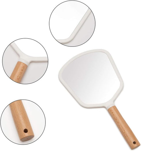 YEAKE Hand Held Mirror with Handle for Makeup, Cute Wood Travel Vanity Mirror for Men & Women (Fanshape)