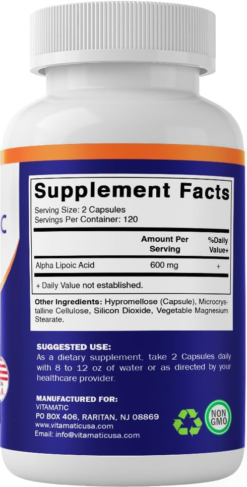 Alpha Lipoic Acid (ALA) 600mg by Vitamatic - 240 Vegetable Capsules, Non-GMO & Gluten Free, 120 Servings