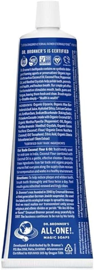 Dr. Bronner’s - All-One Toothpaste (Peppermint, 5 Ounce, 3-Pack) - 70% Organic Ingredients, Natural and Effective, Fluoride-Free, SLS-Free, Helps Freshen Breath, Reduce Plaque, Whiten Teeth, Vegan