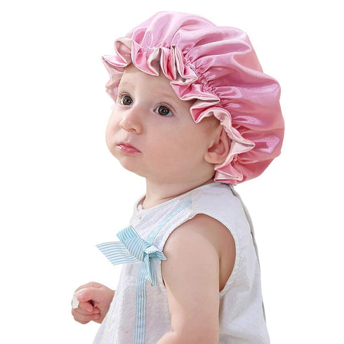 Kids Adjustable Satin Bonnet Sleeping Cap, Reversible Night Caps for 0-3 Years Old, Light Pink/Pink