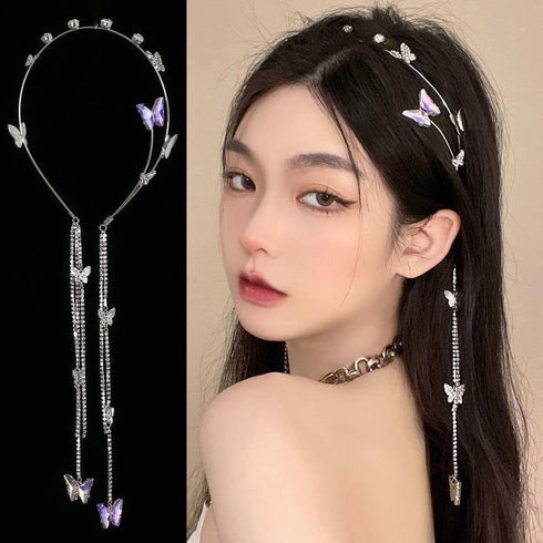 Wedding Butterfly Headband Head Chain, Silver Tassel Hair Hoop Band Decorative Headwear for Women and Girls (02) (01)