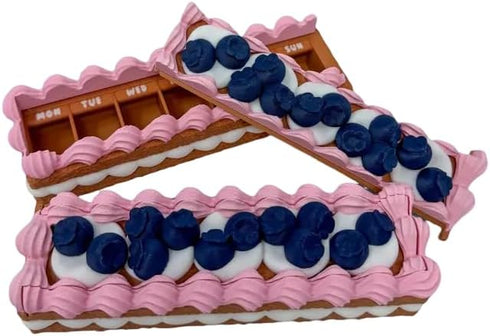Vexthonarix Strawberry Cake Pill Organizer, Weekly Pill Box with Compartments, Cute Dessert Style Medicine Storage
