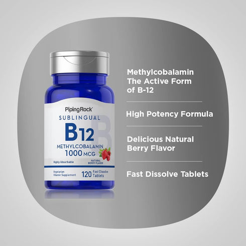 Piping Rock Vitamin B12 Sublingual 1000 mcg | 120 Tablets | Berry Flavor | Non-GMO & Gluten Free Supplement