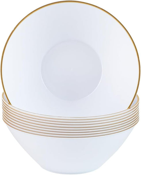 Party Plastic Bowls - White with Gold Rim, 10 Count Round Plates, Elegant Premium Durable Dessert Bowls for Celebrations