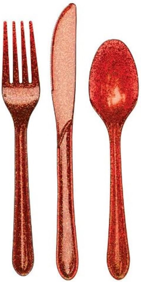 24-Piece Premium Plastic Cutlery Assortment, Glitz Red Glitter