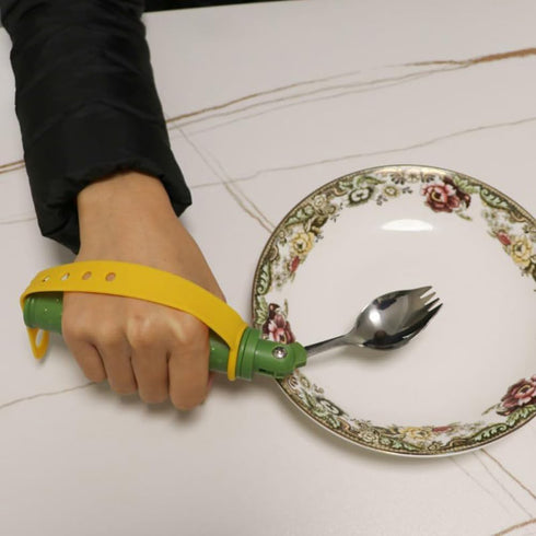 JHNGYJY 2-in-1 Fork and Spoon with Adjustable Hand Strap - Adaptive Eating Aid for Seniors and Disabled - Easy Dining